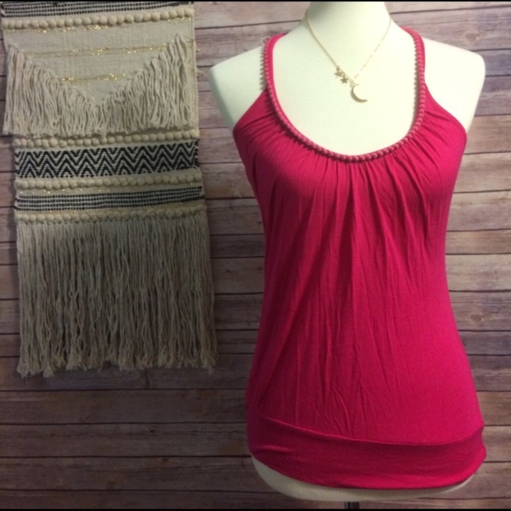 Fuschia pink pompom top with keyhole back